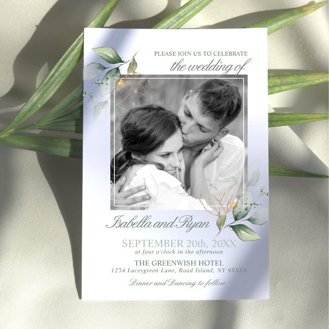 Watercolor Greenery Leaves Gold PHOTO Wedding Invitation (Creator Uploaded)