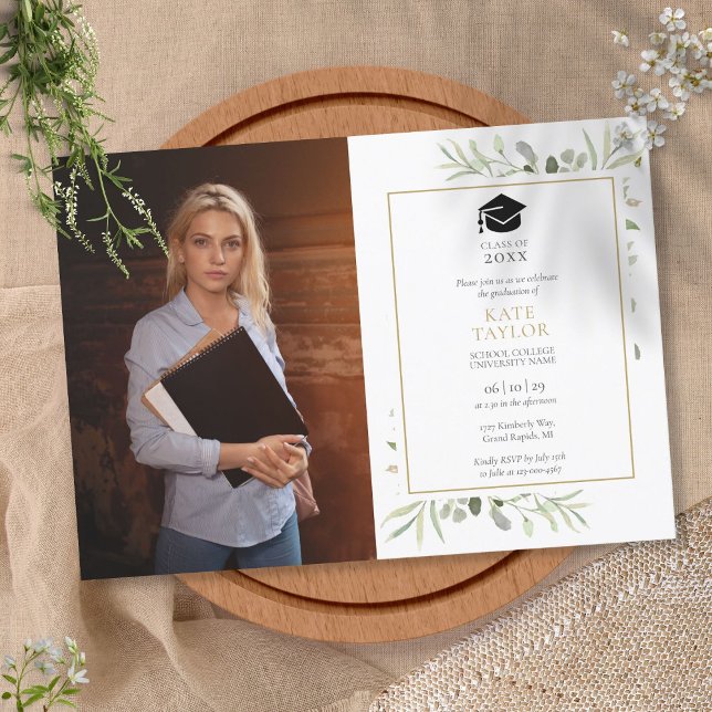 Watercolor Greenery Leaves Graduation Party Photo Invitation (Creator Uploaded)