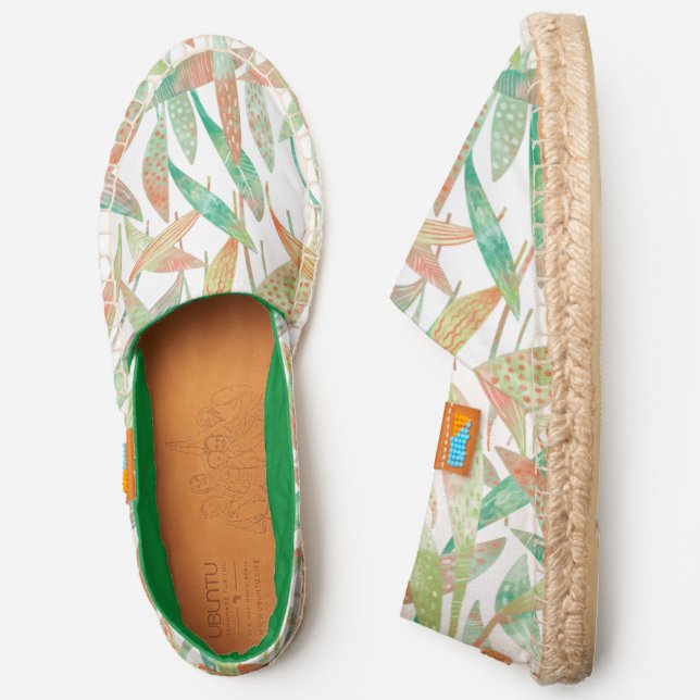 Watercolor Greenery Leaves Green and White Espadrilles (Side)