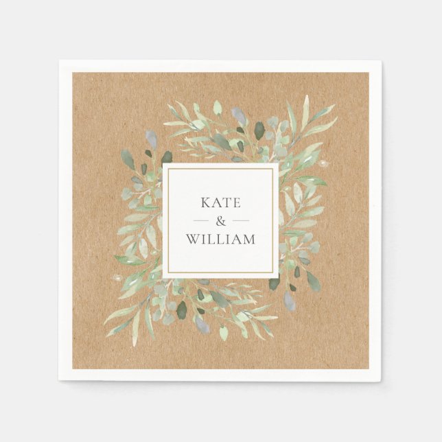 Watercolor Greenery Leaves Rustic Kraft Wedding Napkins (Front)