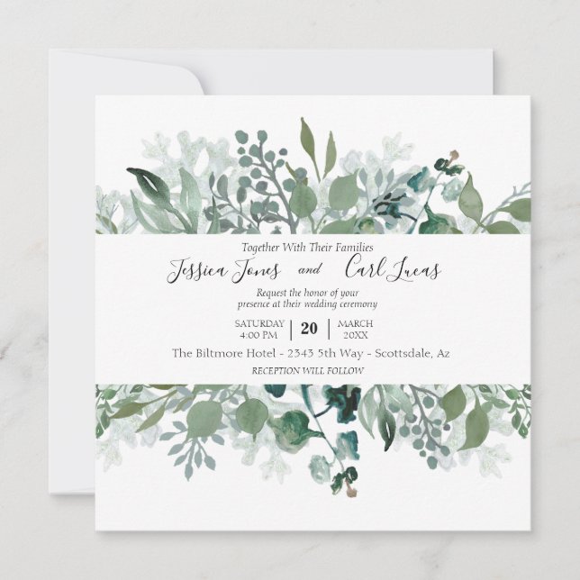 Watercolor Greenery Leaves Square Invitation (Front)