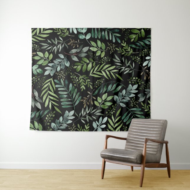 Watercolor Greenery Leaves Tapestry (In Situ (Horizontal))