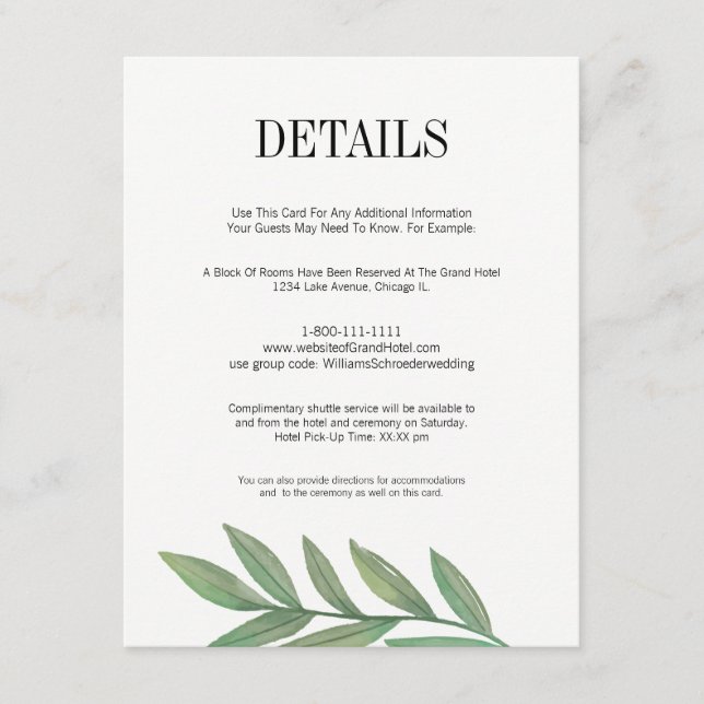 Watercolor Greenery Leaves Wedding Details Card (Front)