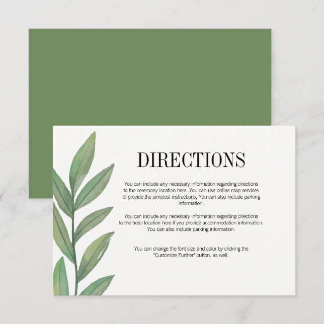Watercolor Greenery Leaves Wedding Directions Card (Front/Back)