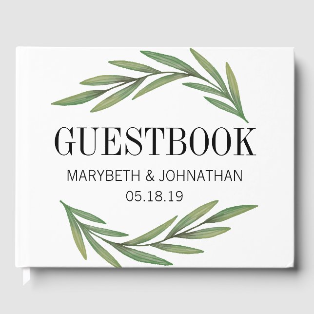 Watercolor Greenery Leaves Wedding Guestbook (Front)