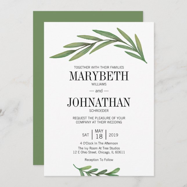 Watercolor Greenery Leaves Wedding Invitation Card (Front/Back)