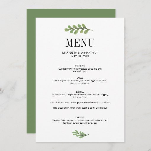 Watercolor Greenery Leaves Wedding Menu Card | Zazzle