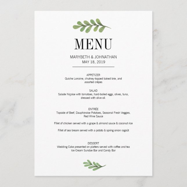 Watercolor Greenery Leaves Wedding Menu Card (Front)