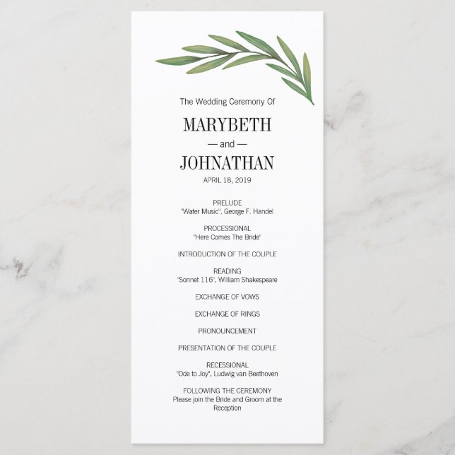 Watercolor Greenery Leaves Wedding Program Card (Front)
