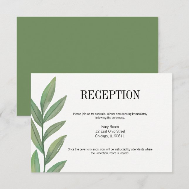 Watercolor Greenery Leaves Wedding Reception Card (Front/Back)