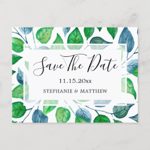 Watercolor Greenery Leaves Wedding Save The Date Announcement Postcard
