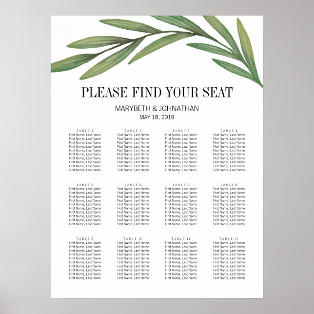 Watercolor Greenery Leaves Wedding Seating Chart (Front)