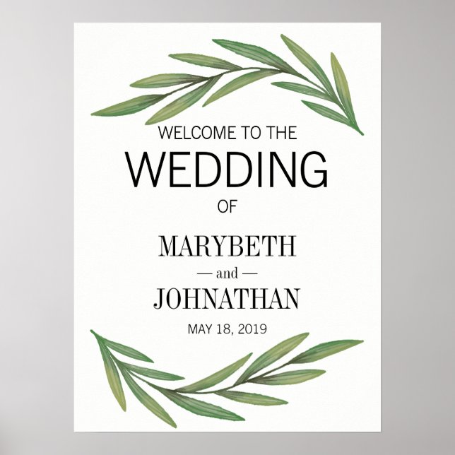 Watercolor Greenery Leaves Wedding Welcome Sign (Front)