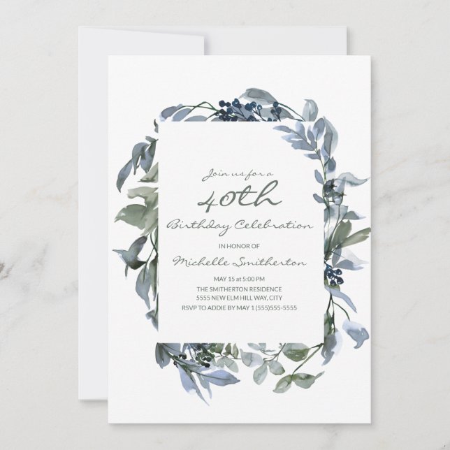 Watercolor Greenery Leaves Women's 40th Birthday Invitation (Front)