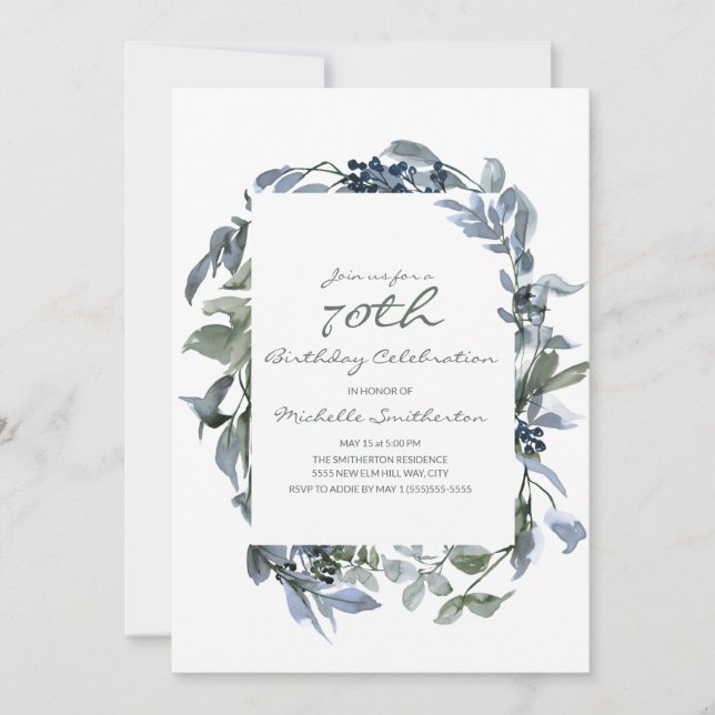 Watercolor Greenery Leaves Women's 70th Birthday Invitation (Front)