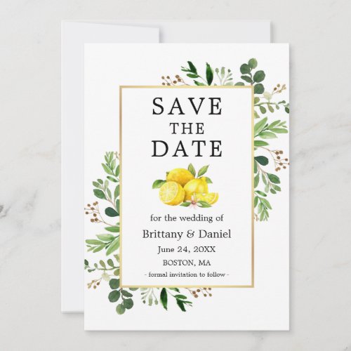 Watercolor Greenery Lemons Save The Date Card