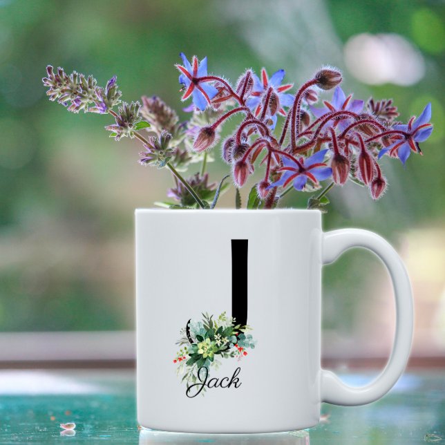 Watercolor greenery letter monogram coffee mug (Creator Uploaded)