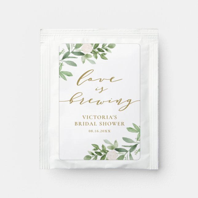 Watercolor Greenery Love is Brewing Bridal Shower Tea Bag Drink Mix (Front)
