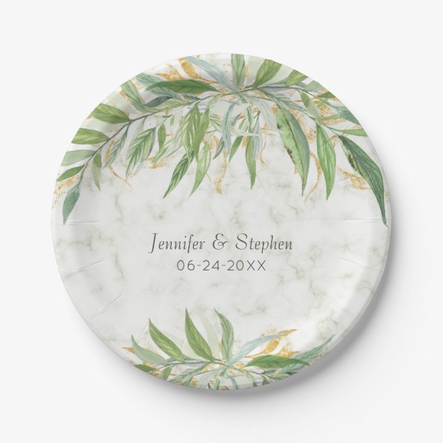 Watercolor Greenery Marble Elegant Wedding Paper Plates (Front)