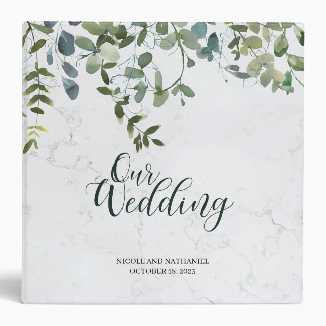 Watercolor Greenery Marble Wedding Planner 3 Ring Binder (Front)