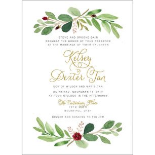 Watercolor Greenery Marsala Wedding Invitation