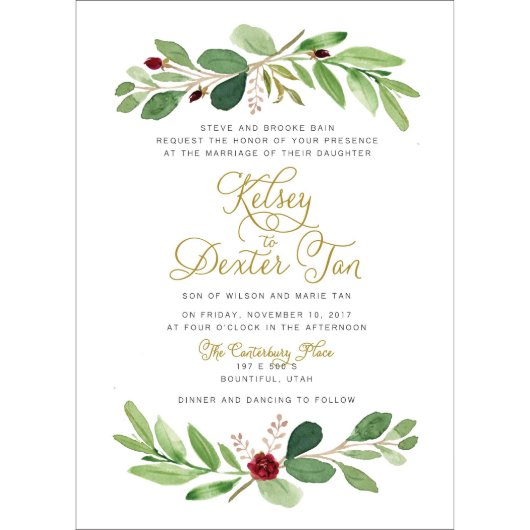 Watercolor Greenery Marsala Wedding Invitation (Front)