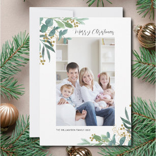 Watercolor Greenery Merry Christmas Photo Holiday Card