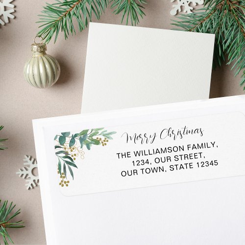 Watercolor Greenery Merry Christmas Return Address Label