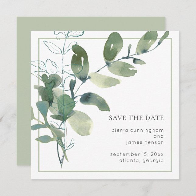 Watercolor Greenery Minimal Wedding Save The Date (Front/Back)