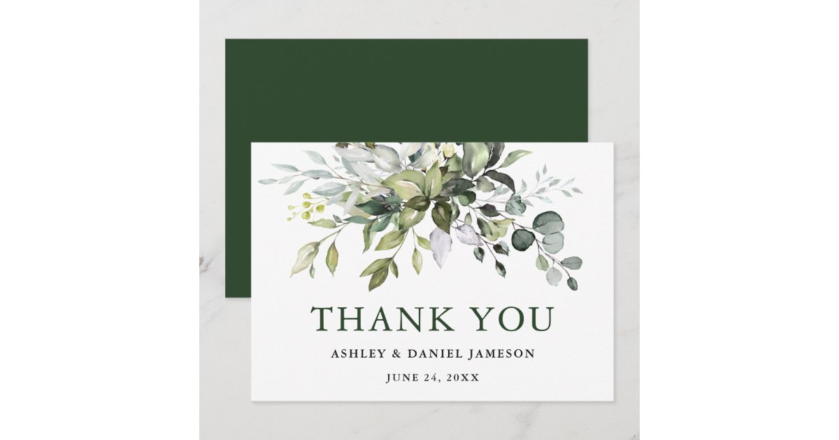 Watercolor Greenery Modern Elegant Green Wedding Thank You Card | Zazzle