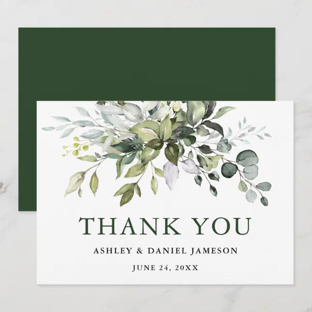 Watercolor Greenery Modern Elegant Green Wedding Thank You Card | Zazzle