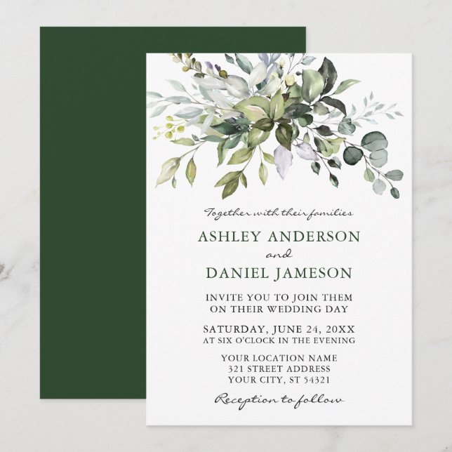 Watercolor Greenery Modern Elegant Wedding Invitation (Front/Back)