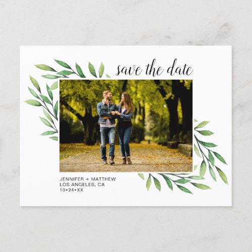 Watercolor Greenery Modern Photo Save the Date Announcement Postcard