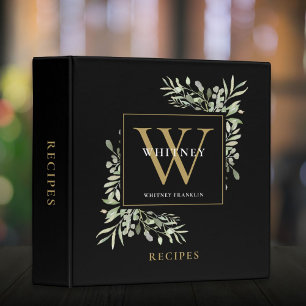 Watercolor Greenery Monogram Black Gold Recipe 3 Ring Binder