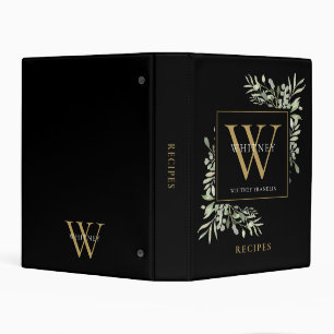 Watercolor Greenery Monogram Black Gold Recipe Mini Binder