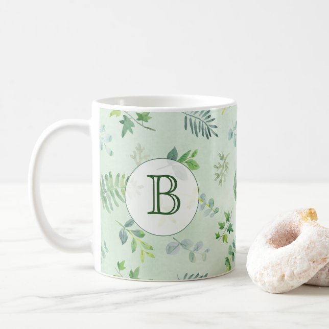 Watercolor Greenery Monogram Coffee Mug (With Donut)