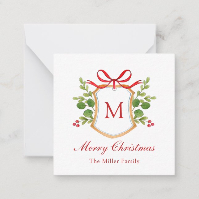 Watercolor Greenery Monogram crest Christmas Note Card (Front)