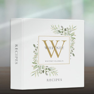 Watercolor Greenery Monogram Name Recipe 3 Ring Binder