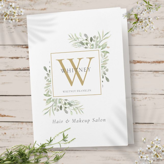 Watercolor Greenery Monogram Pocket Folder (Watercolor Greenery Monogram Pocket Folder)