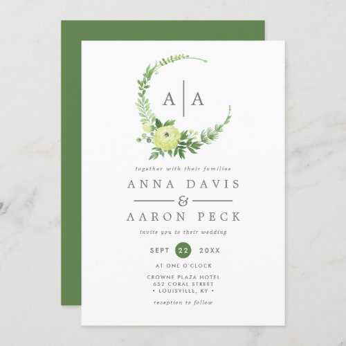 Wedding Invitations 5 Watercolor Greenery Monogram Wreath Wedding Invitation