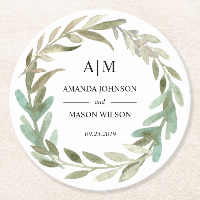 Watercolor Greenery Monogrammed Wedding Coaster (Front)