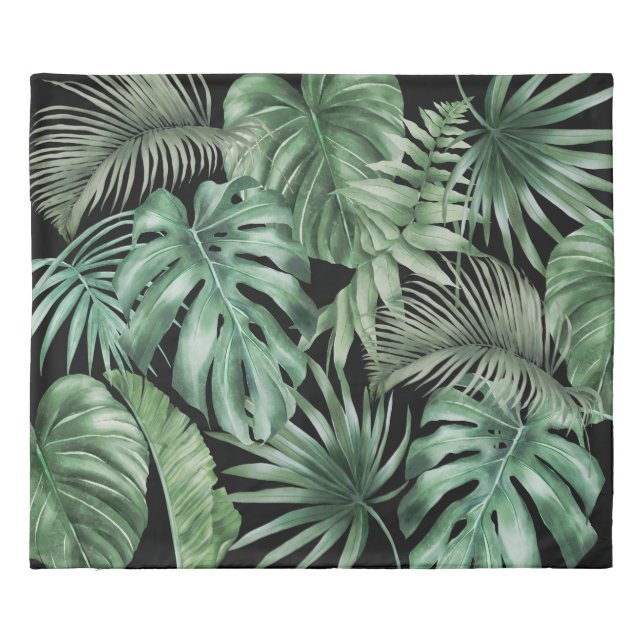 Watercolor Greenery Monstera Leaves Duvet Cover (Back)