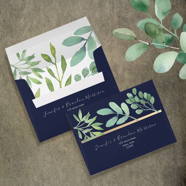 Watercolor Greenery Navy Blue Wedding Envelope (Creator Uploaded)