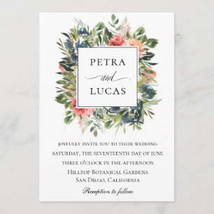 Watercolor Greenery Navy Coral Floral Wedding Invitation