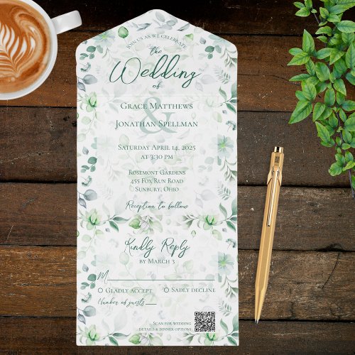 Watercolor Greenery on White QR Code All In One Invitation