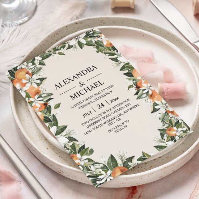 Watercolor Greenery Orange Blossom Modern Wedding  Invitation (Creator Uploaded)
