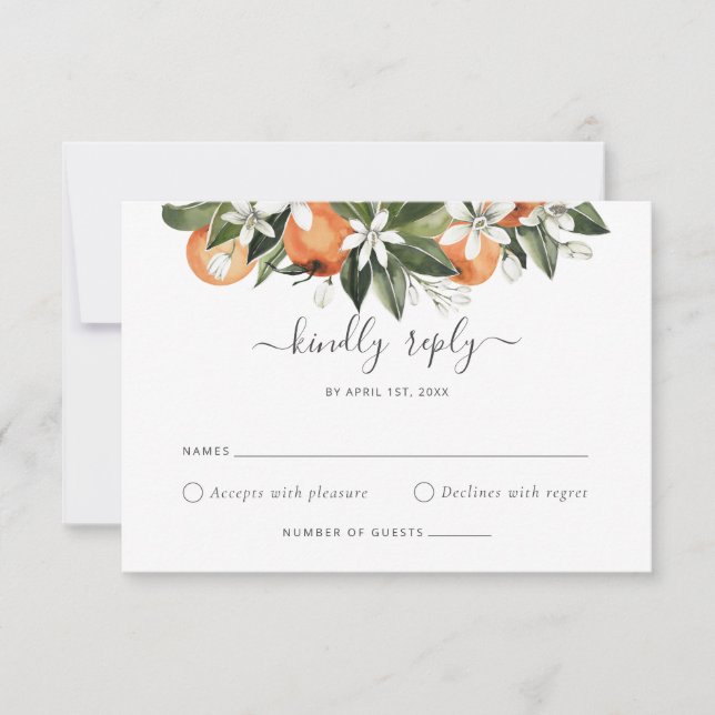 Watercolor Greenery Orange Blossom Wedding RSVP Invitation (Front)