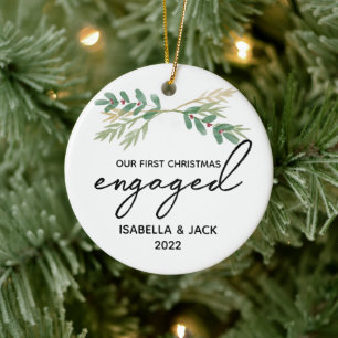 Watercolor Greenery Our First Christmas Engaged Ceramic Ornament