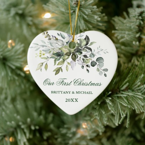 Watercolor Greenery Our First Christmas Heart Ceramic Ornament