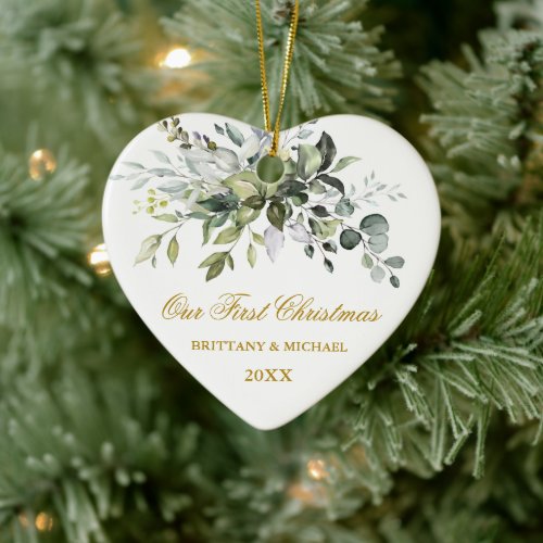 Watercolor Greenery Our First Christmas Heart Gold Ceramic Ornament